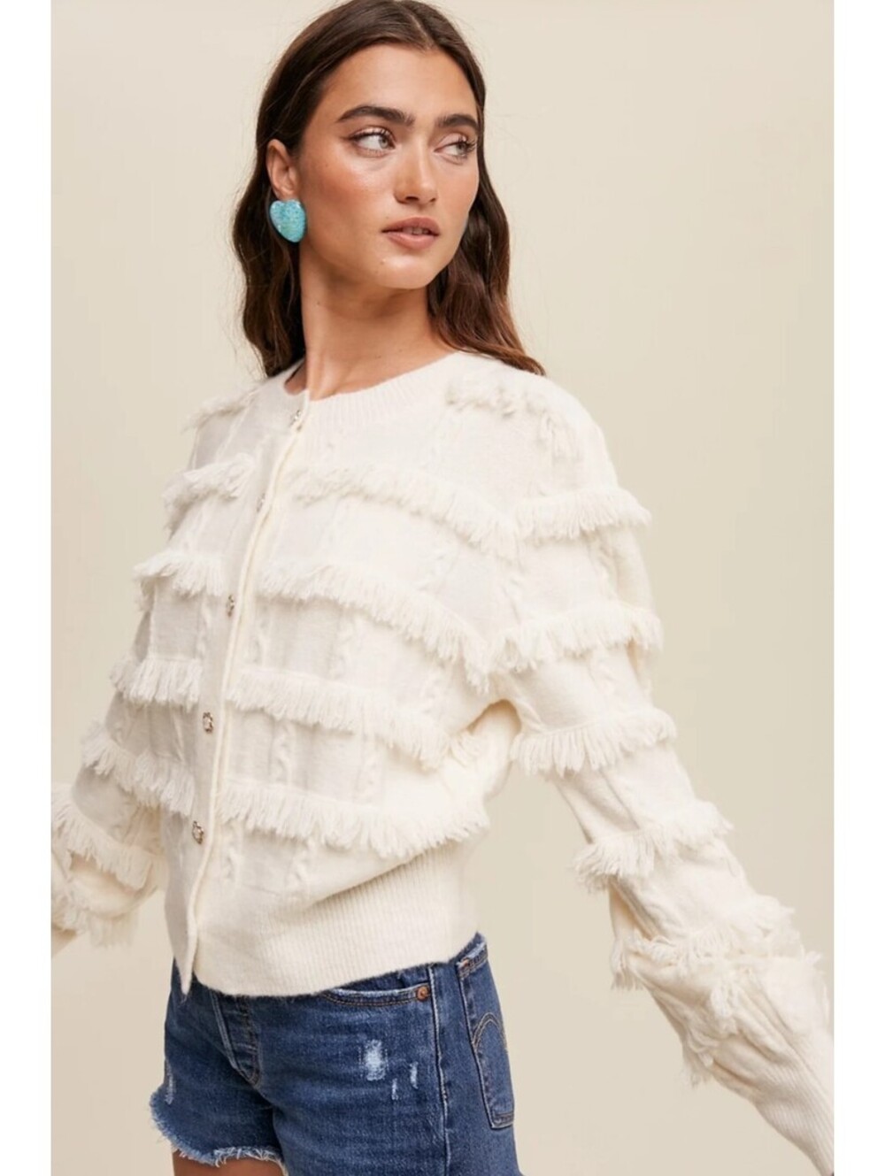 Listicle Cream Fringe Cardigan Sweater Girly Coquette Size Small